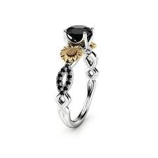 Natural Black Diamond In 14k Gold Sunflower Engagement Ring Black Diamond Ring Engagement Black Gold Black Diamond Ring Black Rings