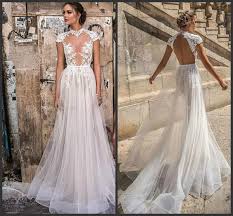 A Line Hollow Back Plus Size Cheap Bridal Gowns Berta Beach Wedding Dresses Country High Neck Cap Sleeve Illusion Sexy Lace Wedding Dress Hippie