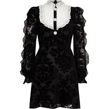 Black Burnout Frill Bib Long Sleeve Dress Long Sleeve Dress Long Sleeve Shift Dress Long Sleeve Ruffle Dress