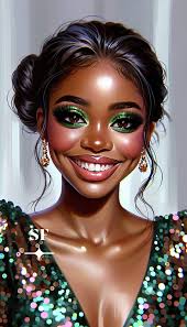 It's my birthday 🎂... thought I would create some images for me ☺️ B/P  acrylic oil painting, beautiful dark caramel brown tone African American  woman with short, voluminous, wavy, curly assymetrical bob,