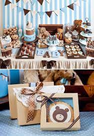 Decoration ideas go for colors like yellow, black, brown, and orange when choosing the tablecloth, balloons, paper plates, and plastic cutlery sets Blue White And Brown Decorations Blush Teddy Bears In Wooden Crate Baby Shower Baby Bear Baby Shower Baby Shower Decorations For Boys Boy Baby Shower Themes