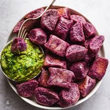 Thrive Magazine On Instagram Love The Color Of These Purple Sweet Potato Gnocchi With Green Pea Avocado Pesto By Nisha Cookingforpeanuts Vegangnocchi