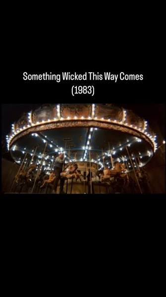 The enchanted reverse carousel in “Something Wicked This Way Comes.” This  scene freaked me out as a kid!!! , The film is based on the book of Ray  Bradbury by the same name (in fact, he wrote the ...