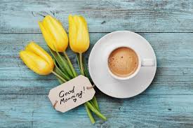 Photo About Coffee Mug With Yellow Tulip Flowers And Notes Good Morning On Blue Rustic Table From Above Coffee Recipes Good Morning Coffee Good Morning Flowers
