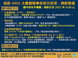 【衛福部公布 #太魯閣號事故 捐款帳號，接受各界捐款】 衛福部公布國內外捐款帳號，受理至4月底，將專款專用。 捐款方式為金融機構臨櫃匯款，帳號：270750「中央銀行國庫局」，戶名為「衛生福利部賑災專戶」. Ktn48x7uvfnadm