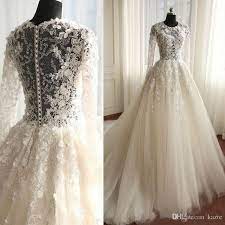 Discount Illusion Lace Wedding Dress Romantic Ivory Tulle Vintage Bridal Gowns Button Covered Back Long Train Spring Fashion Wedding Dresses Mariage Vintage Ins Lace Wedding Dress Vintage Illusion Lace Wedding Dress