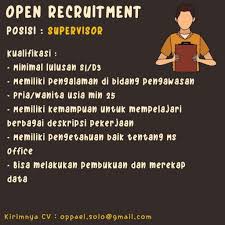 Supervisor produksi fungsi tugas dan tanggung jawab pekerjaan dalam perusahaan, pengertiannya supervisor produksi adalah orang yang secara langsung bertanggung jawab untuk mengawasi dan. Lowongan Kerja Supervisor Oppael Bbq Suki Solo Info Loker Solo