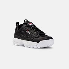 Embroidered fila branding on tongue, vamp and back counter. Fila Disruptor Low Men Black White Black Fila Official