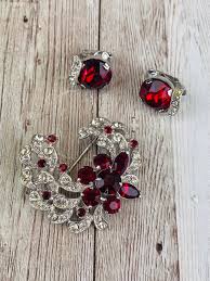 Vintage Eisenberg ICE 1960s Ruby Red and Clear Rhinestone Brooch and Clip 