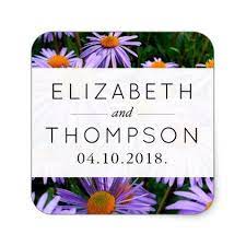 Wedding Aster Flowers Blossoms Purple Orange Square Sticker Purple Floral Style Gifts Flower Flower Wedding Stickers Labels Wedding Stickers Aster Flower