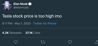 'tesla stock price is too high,' elon musk tweeted. Tesla Shares Tank By 8 As Musk Tweets Price Is Too High