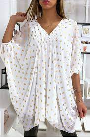 10 % coupon appliqué lors de la finalisation de la commande. Tunique Blanche A Pois Dore Oversize A Manche Chauve Souris