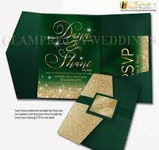Emerald Green Gold Glitter Printed Wedding Invite Rsvp Card 6 Piece Pocketfold Wedding Invitations Glitter Gold Gold Glitter Wedding Emerald Green Weddings