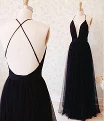 Black Tulle Floor Length Prom Dress With Plunging Neckline And Open Back Backless Prom Dresses Simple Black Prom Dress Prom Dresses 2016