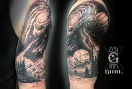 Black And White Space Tattoo Half Sleeve Outer Space Sleeve Outer Space Tattoos Space Tattoo Black And Grey Tattoos