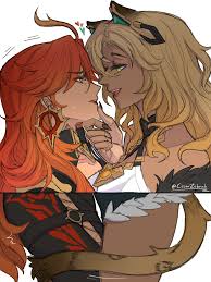 cesar zebrah, mavuika (genshin impact), xilonen (genshin impact), genshin  impact, highres, 2girls, animal ears, biker clothes, black bikesuit, blonde  hair, dark-skinned female, dark skin, earrings, fingernails, green eyes,  hand on anothers chin,