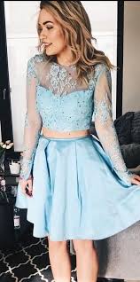 Long Sleeves Sky Blue Short Homecoming Dress From Modseleystore Long Sleeve Homecoming Dresses Two Piece Homecoming Dress Cheap Homecoming Dresses