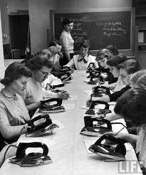 Students in home economics classes study fundamental life management skills such as budgeting and food preparation. Girls In Home Economic Class Vintage Photos Vintage Photographs Home Economics