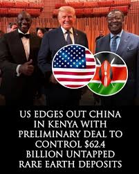 The US has secured a preliminary deal with Kenya for access to the Mrima  Hill rare earth and niobium deposit, valued at $62.4 billion. The agreement  requires that all strategic minerals be
