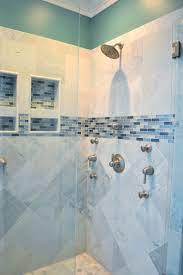 Beautiful Walk In Shower With Gray Ceramic Tile With Aqua And Turquoise Blue Accent Tile Gray Bathro Shower Accent Tile Blue Shower Tile Accent Tile Bathroom