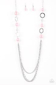 Paparazzi It S About Showtime Pink Faux Pearl Silver Chain Necklace Earring Set In 2021 Pink Necklace Pink Pearl Necklace Necklace