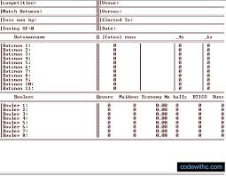 Cricket Score Sheet Project In C Code With C