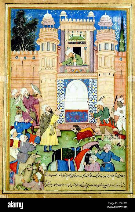 India: A nobleman offering gifts to the Caliph. Miniature painting from the Akbar i-Barmayakan, c. 1595-1600. Mughal painting is a particular style of South Asian painting, generally confined to miniatures either as