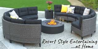 How To Transform Your Backyard Into A Resort Style Entertaining Space With The Nessett Round Outdoor Sofa And In 2020 Fire Pit Patio Set Outdoor Sofa Outdoor Sofa Sets