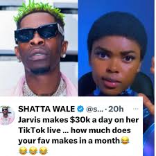 Ghanaian 🇬🇭 Afrobeat artist, Shatta Wale mocked some Ghanaians laughing  at him for inviting Jarvis. “I see Ghanaians saying I'm reducing my value  by inviting Jarvis to Ghana. Lol! This girl makes