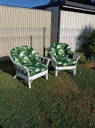 Vintage Cane Chairs Painted White With New Upholstery Done In The Original Tommy Bahamas Fabric Do Cane Furniture Cane Chairs Painted Cane Outdoor Furniture