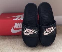 Black And Gold Nike Slides Black And Rose Gold Nike Slides With Swarovski Crystals Etsy Gold Nike Slides Nike Slides Nike Gold