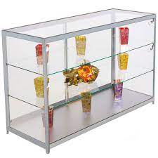 Glass display cabinet with header for logo, brand marking is available on request as well as custom sizes and colours, contact us for details. Aluminium Glass Shop Display Counter Large Shop Fitting Supplies Slatwall