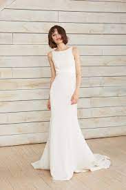 High Neck Crepe Low Back Gown With Charmeuse Insert At The Waist Philipa By Nouvelle Amsal Amsale Wedding Dress Column Wedding Dress Boat Neck Wedding Dress