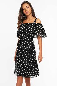 Petite Black Polka Dot Bardot Fit And Flare Dress Dresses Flare Dress Fit And Flare Dress