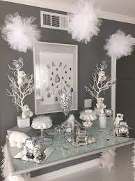 Baby Shower Decoration All In White And Silver It S Glam Decor Works For Both Baby Girl Or Baby Boy Fancy Baby Shower Grey Baby Shower Snowflake Baby Shower