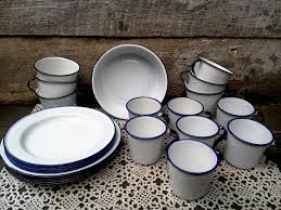 This set includes four plates, mugs, bowls, spoons, knives, and forks. Set Of 26 Pieces Enamel Sweden Picnic Enamel Plates Bowl Cups Camping Outdoors Dinnerware Set Patio Enamel Set Plates Vintage Enamelware Dinnerware Set