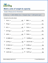 That the first part has a volume sample worksheet from Grade 5 Math Worksheet Convert Metric Weights And Volumes K5 Learning
