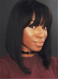 Black Bob With Bangs Wig Top Qualit Dark Brown Smooth With Bangs Straight Synthetic Hair Lace Front Cap Mid Length African American Wigs 14 Inches Bob Hairstyles Wig Hairstyles Hair Styles