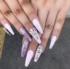 Pink Coffin Nails With Glitter And Crystals Nails Crystal Nails Nail Designs Unique