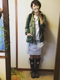 6月9日 gapミリタリージャケット zaraドットスカート 日本野鳥の会ブーツで雨の日コーデ ミリタリージャケット レディース ファッション ファッション レディース 50代