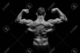 Sportsman Show Biceps And Triceps Bodybuilder With Fit Torso Back View Man Athlete Flex Arm Muscles Workout And Training Activity In Gym Sport Power And Bodycare Concept Black And White Stock Photo