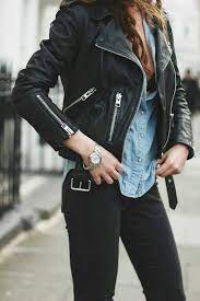 Cute Black Leather Jacket Over Denim Shirt And Black Skinny Jeans Fashion Clothes Leather Jacket Outfits