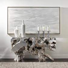 Framed in a metallic silver finish and topped with a beveled mirror. Silver Console Table Sequoia Collection Z Gallerie