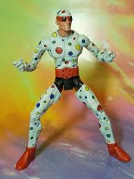 He is usually seen in his supersuit, a white leather suit covered in polka dots with a matching mask and brown goggles, he also wore brown boots and gauntlets which acted as a trigger for allowing his polka dots to shoot. Polka Dot Man Coming Shoooon Dccomicslegendsgame