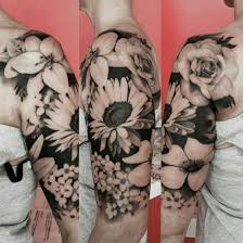 Black And White 3d Floral Tattoo On Left Half Sleeve Floral Tattoo Sleeve White Flower Tattoos Half Sleeve Tattoos Black