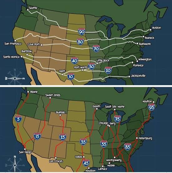 The interstate highway network. I had no idea it was laid out in such a  logical grid. : r/interestingasfuck