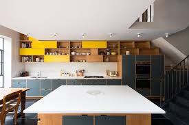 these kitchen cabinets are bright, bold