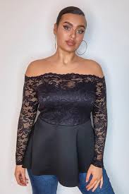 Discover our range of flattering off the shoulder bardot tops in jersey, denim or cotton in a variety of colours. Women S Plus Lace Bardot Peplum Top Boohoo Uk