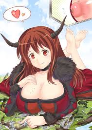 maou (maoyuu), maoyuu maou yuusha, highres, 10s, 1girl, barefoot, breasts,  brown hair, cleavage, giant, giantess, heart, horns, huge giantess, large  breasts, long hair, looking at viewer, lying, nipples, on stomach, red eyes,