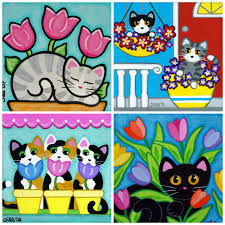 Cats And Spring Flowers Blank Note Cards Set Of 4 Original Folk Art Designs By Jill Kedi Gorsel Sanatlar Vitray Desenleri